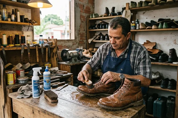 Sapatos sendo impermeabilizados em Rio das Ostras para proteção contra água.